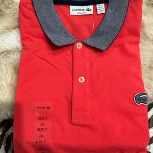 NEW NWT SIZE 7 XXL Lacoste Men's Polo in Vibrant Peachy Red with grey Collar